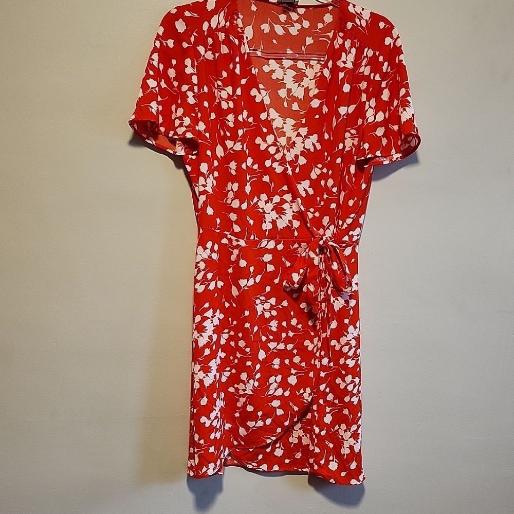 J. Crew Vibrant Red-Orange Wrap Dress with White Floral Design - Picture 6 of 10